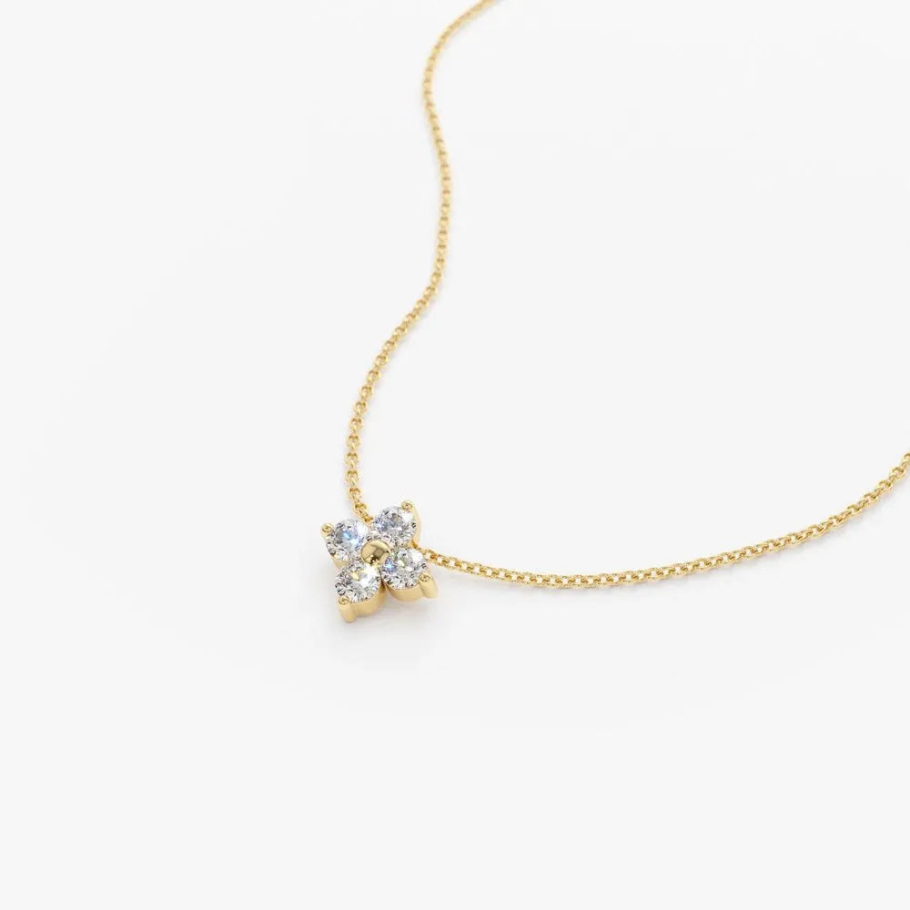 14K Solid Gold Round Diamond Clover Pendant Necklace 0.14ctw