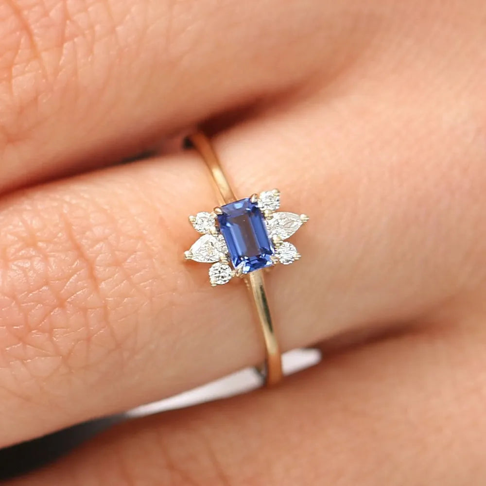 14k Gold Sapphire and Diamond Octagon Pear and Round Cut Ring 0.62 ctw