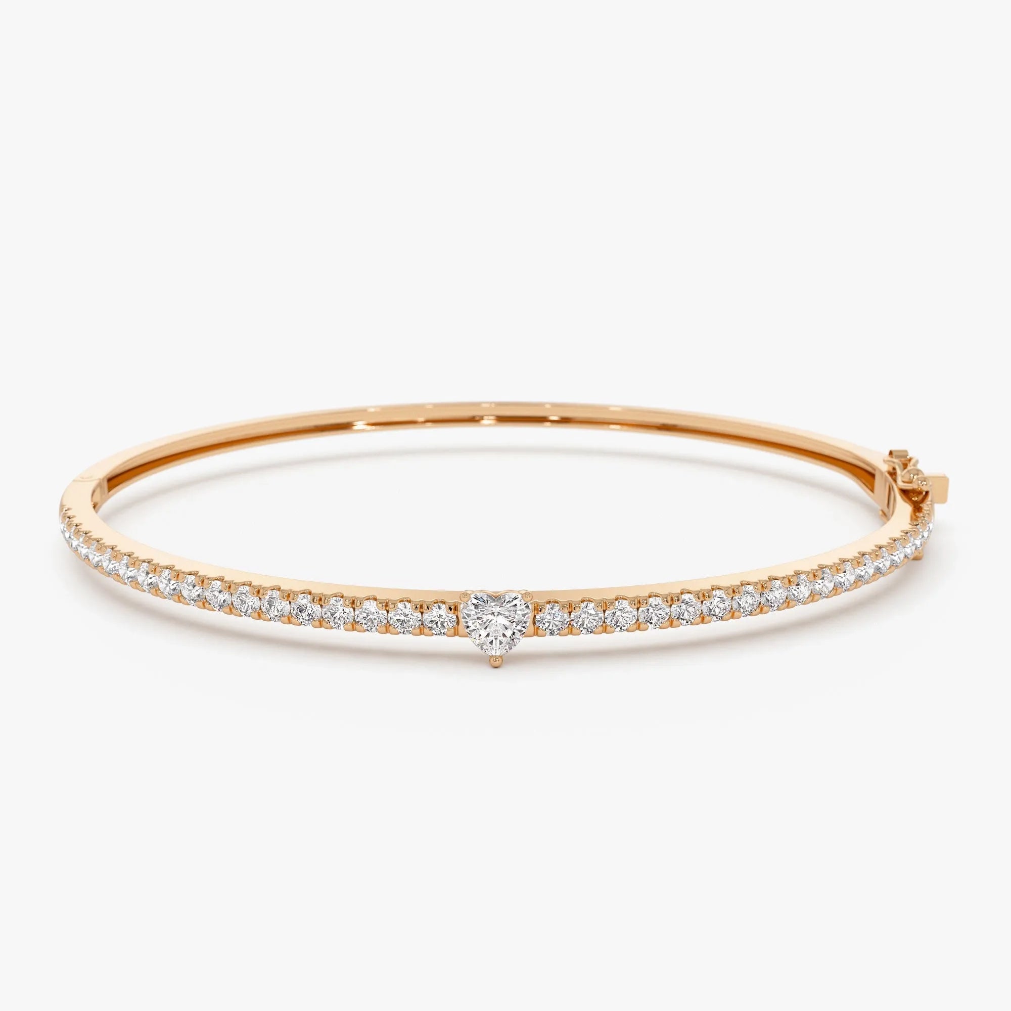 14K Solid Gold 1.10 CTW Heart and Round Diamond Bangle