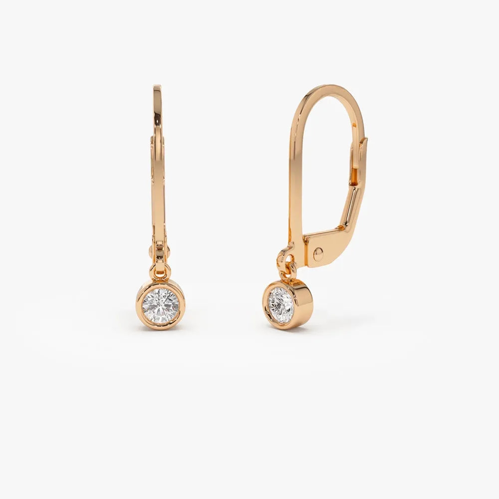 14k Gold Diamond Round Cut Bezel Setting Lever Back Earrings 0.16 ctw