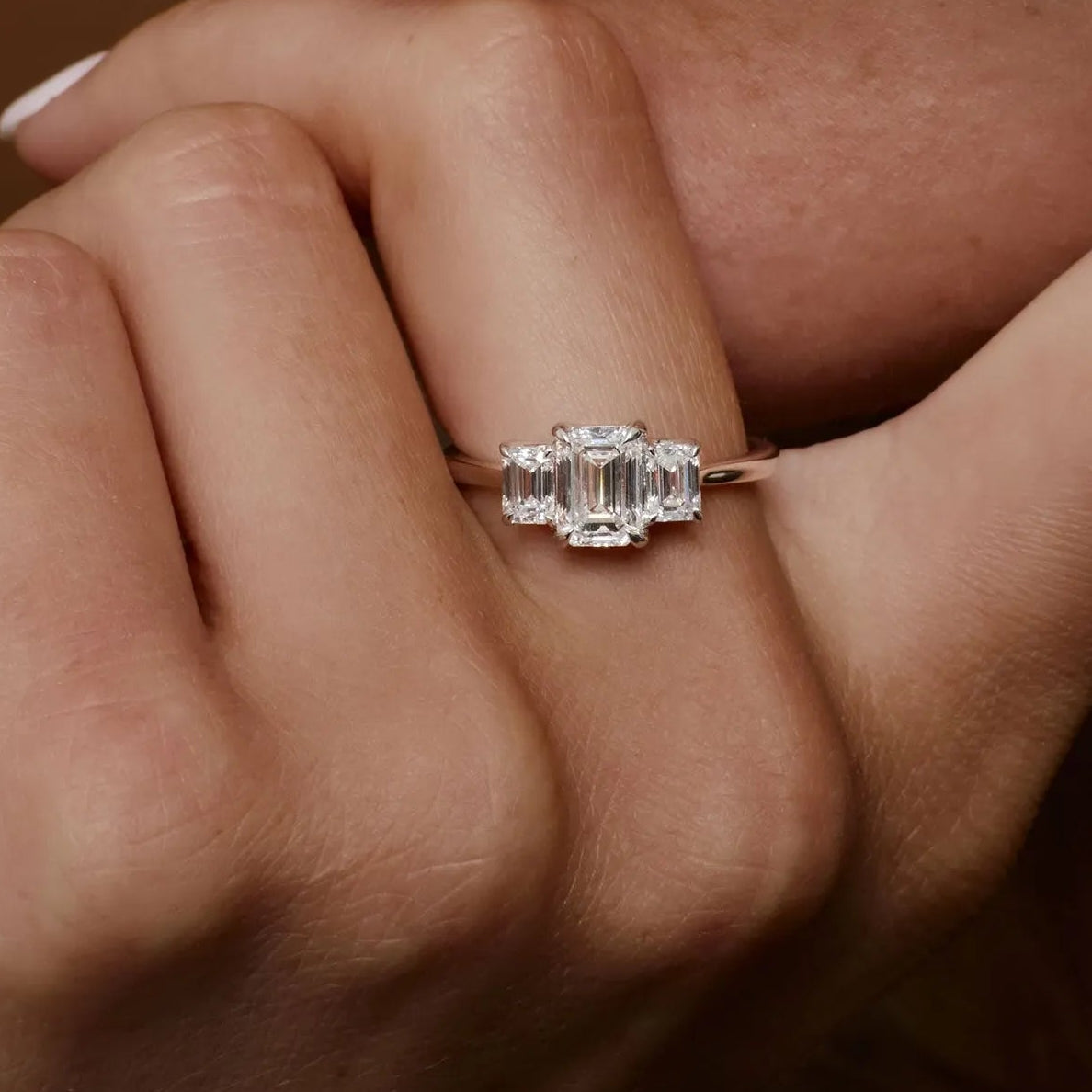 14k Gold 1.50 ctw Lab Grown Diamond Emerald Cut Three Stone Engagement Ring
