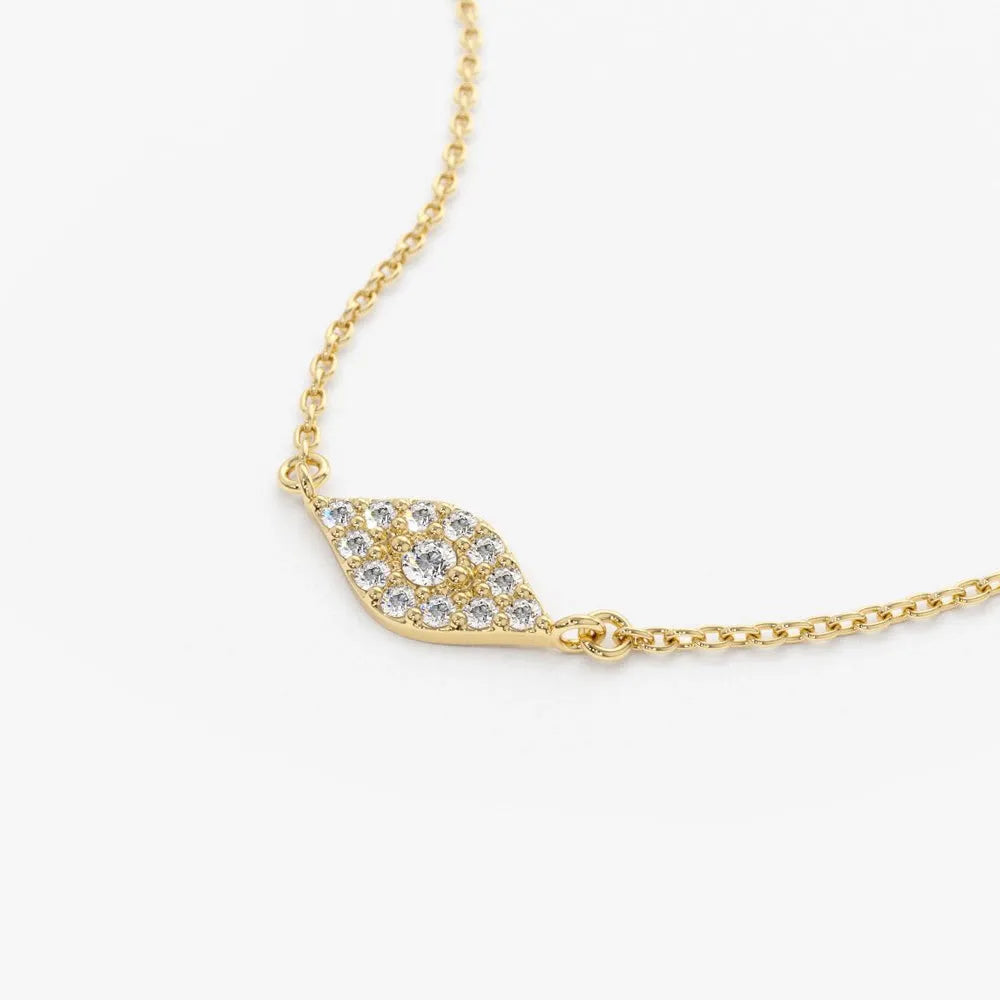14K Solid Gold Round Diamond Micro Pave Evil Eye Pendant Necklace 0.15ctw