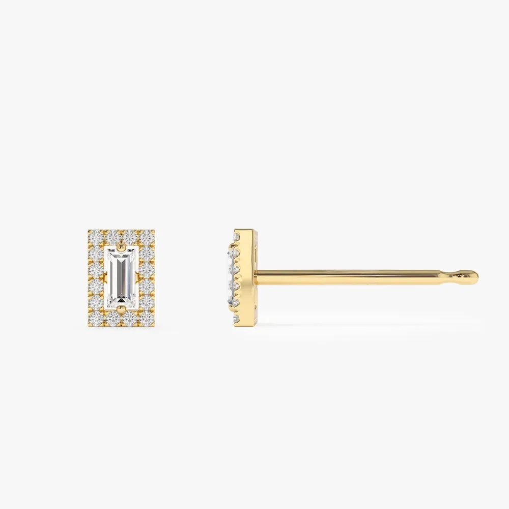 14k Gold Diamond Baguette and Round Cut Halo Setting Stud Earrings 0.45 ctw