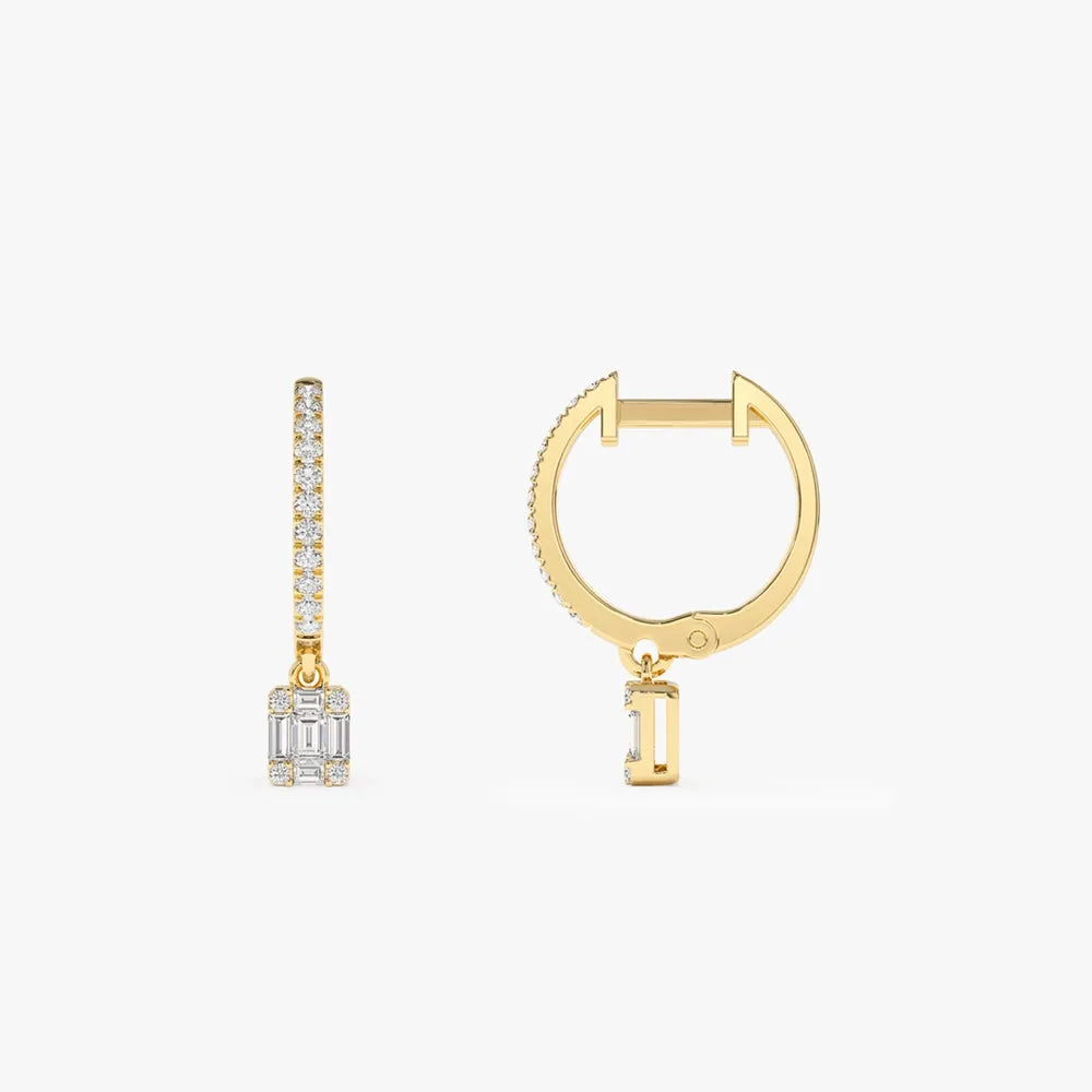 14k Gold Diamond Baguette and Round Cut Dangling Illusion Huggie Earrings Prong Micro Pave 0.30 ctw