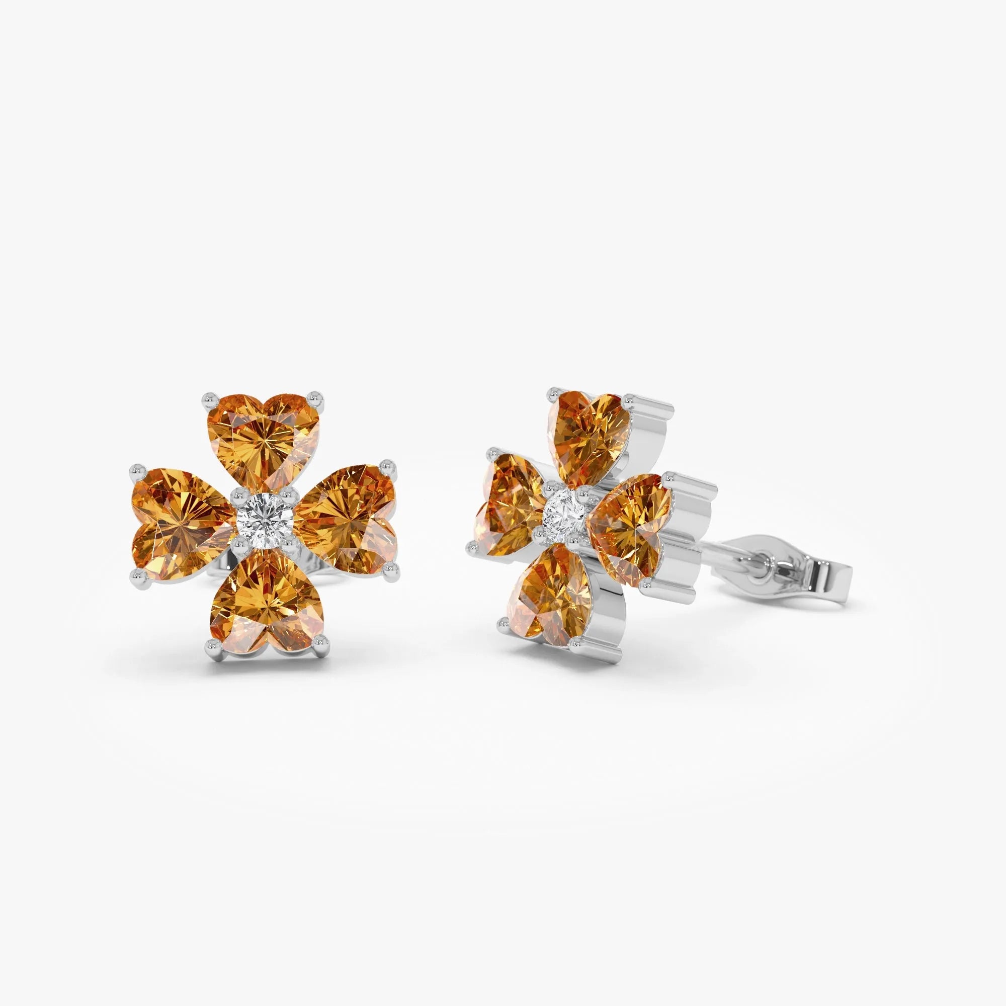 14K Solid Gold Heart Shaped Citrine and Diamond Four Leaf Clover Stud Earrings