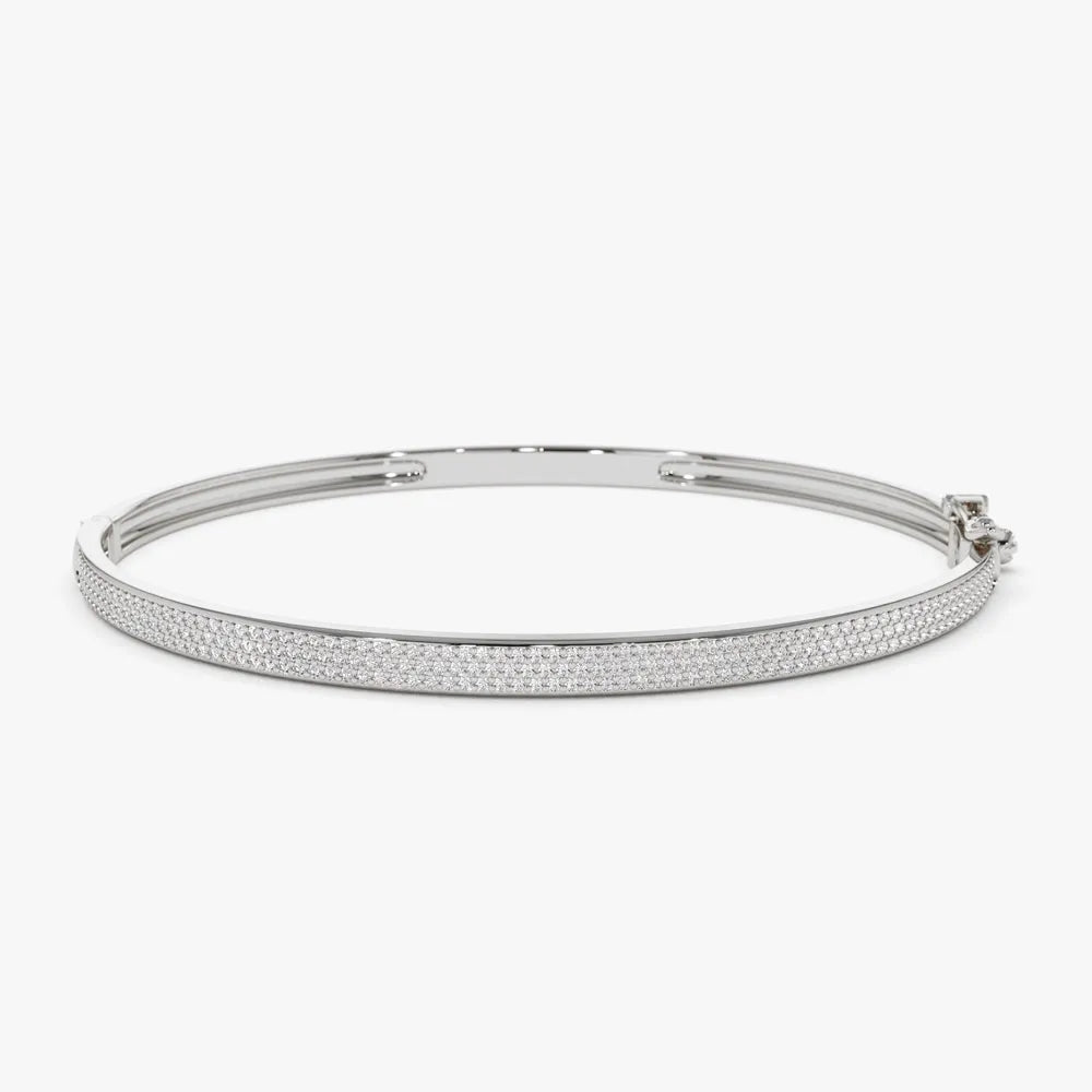 14K Solid Gold 0.75 CTW Round Diamond Three Row Pave 3MM Bangle