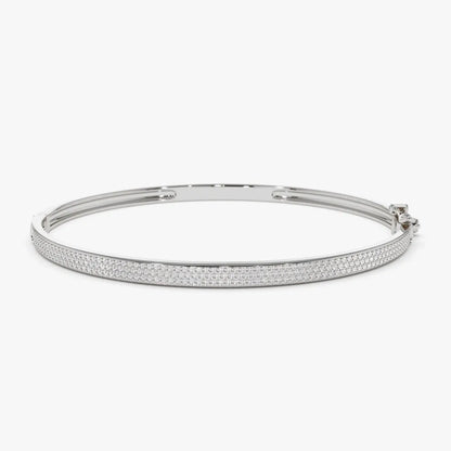 14K Solid Gold 0.75 CTW Round Diamond Three Row Pave 3MM Bangle
