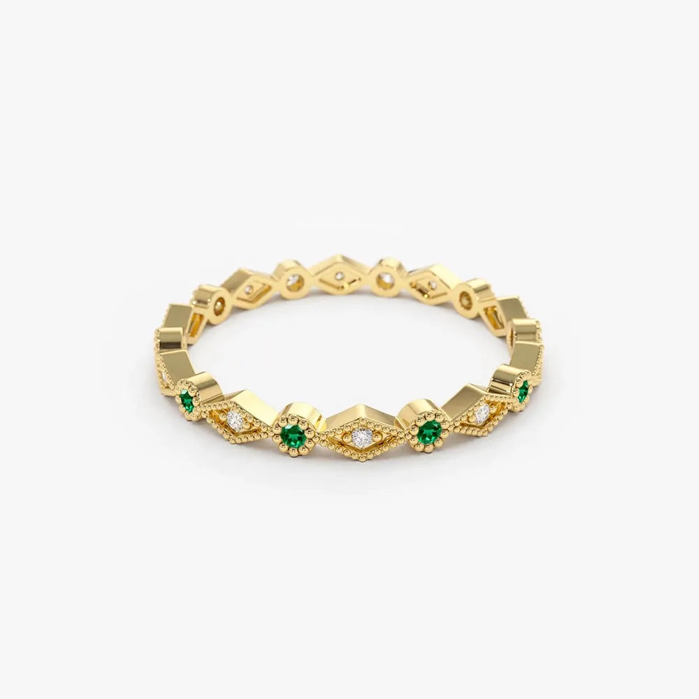 14K Gold Round Emerald and Diamond Geometric Art Deco Wedding Band Ring 0.22 CTW