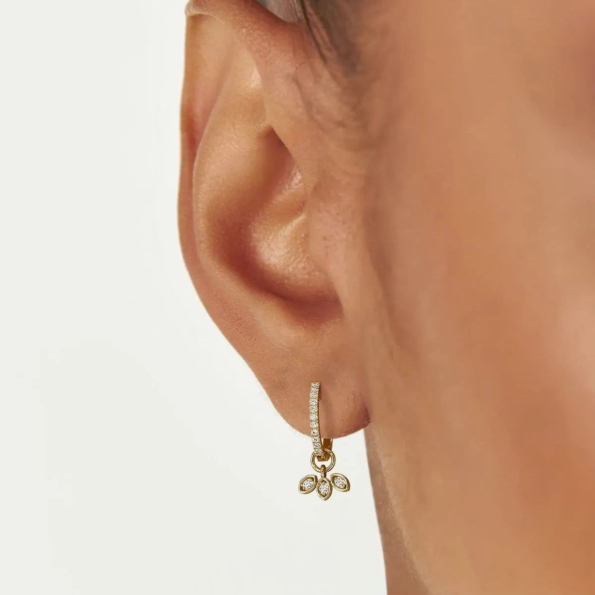 14k Gold Diamond Leaf Shape Hoop Earring Charm 0.04 ctw