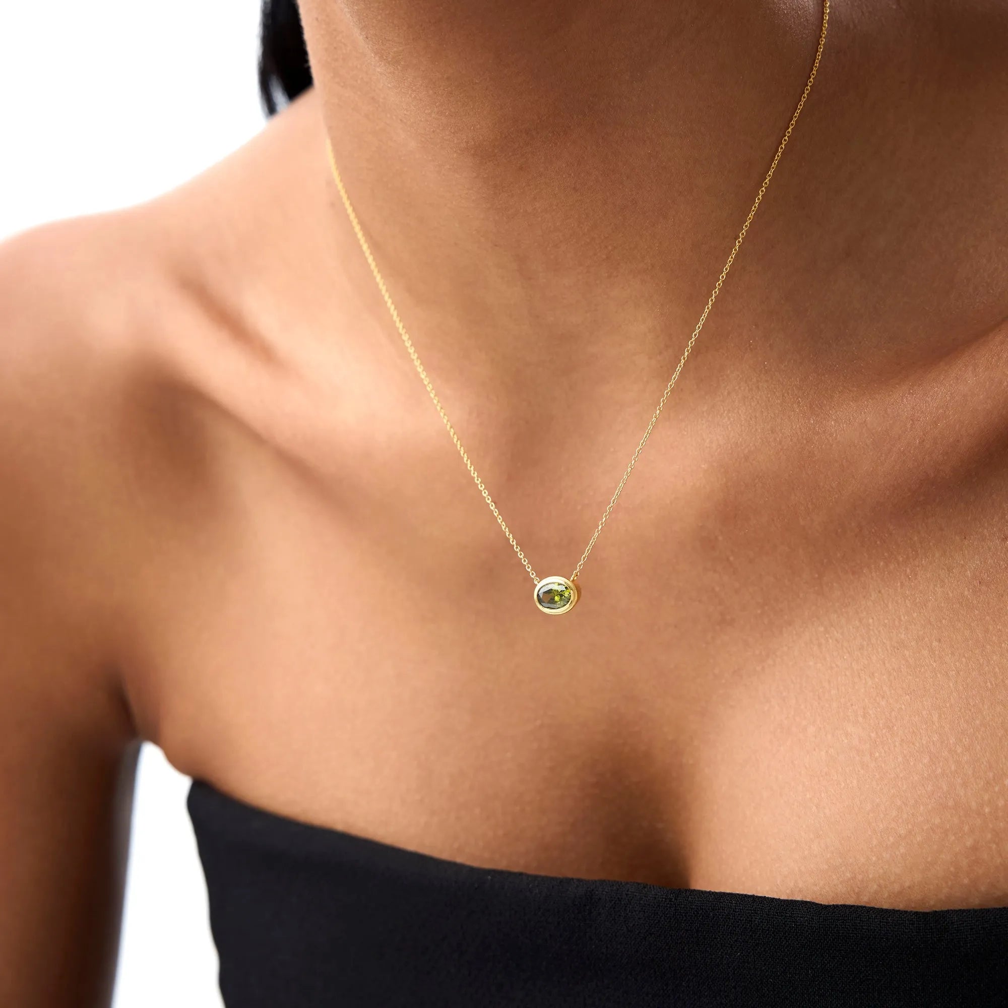 14k Solid Gold Peridot Oval Necklace 0.90 Carat Bezel Setting