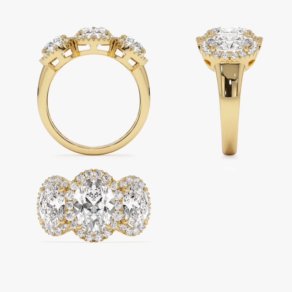 14K Gold 3.35 ctw Lab Grown Diamond Oval Cut Three Stone Halo Engagement Ring