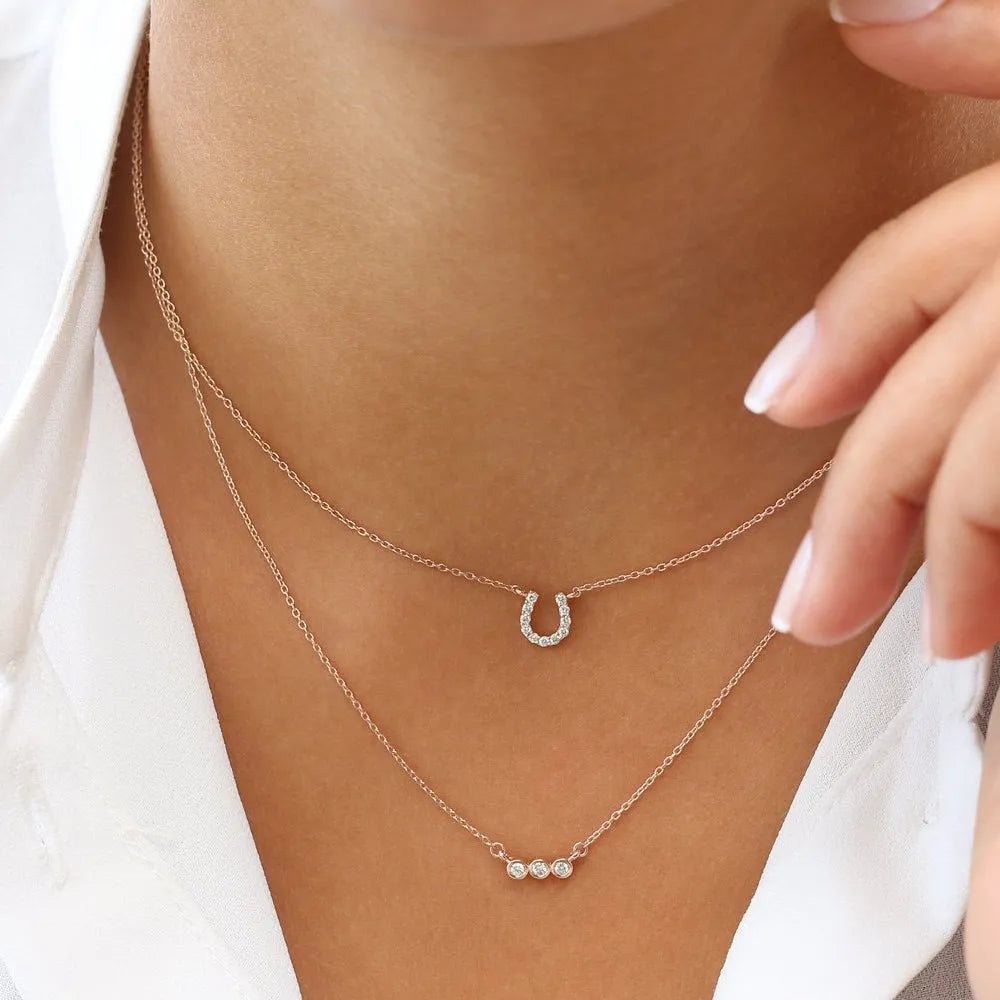 14K Solid Gold Round Diamond Micro Pave Mini Horseshoe Necklace 0.06cttw