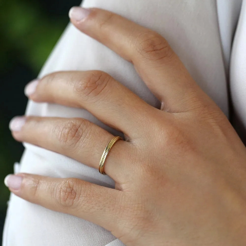 14K Solid Gold 2mm Beaded Stacking Wedding Band Ring