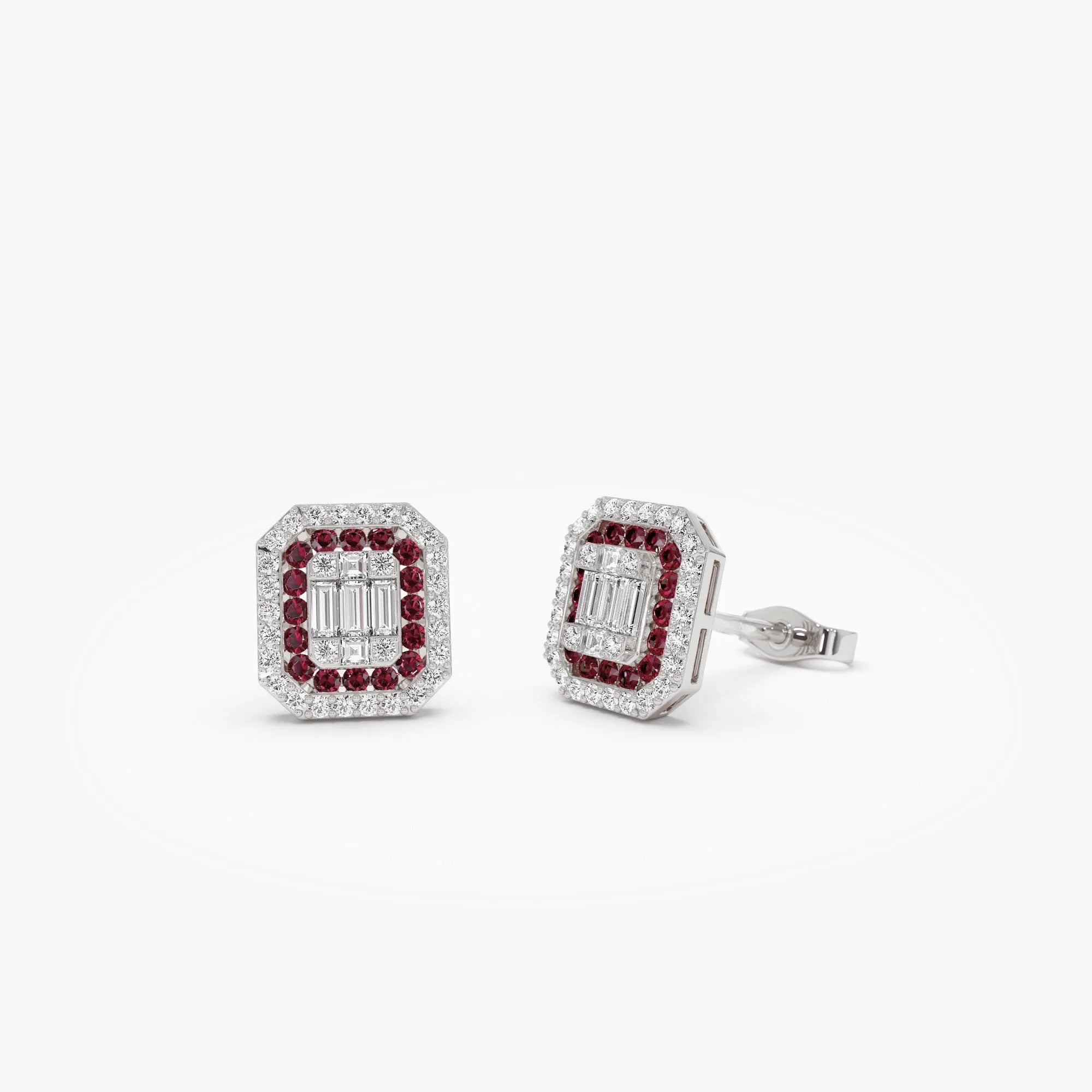 14k Gold Ruby and Diamond Baguette and Round Cut Halo Stud Earrings 0.80 ctw