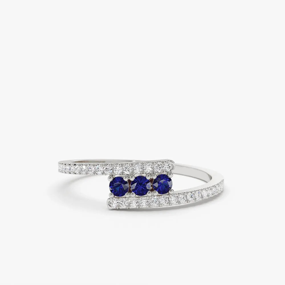 14k Gold Diamond and Blue Sapphire Round Cut Crossover Ring 0.30 ctw