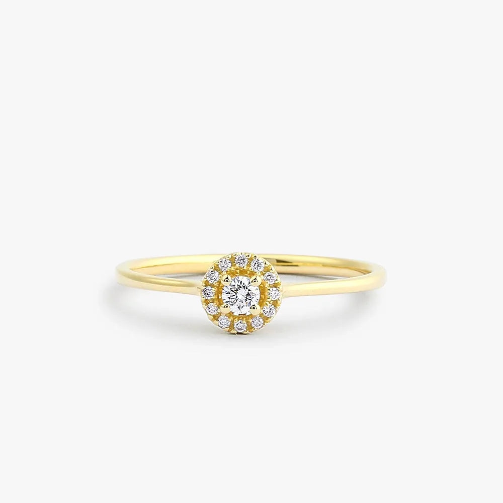 14K Solid Gold 0.12 Ctw Baguette and Round Diamond Micro Pave Halo Ring