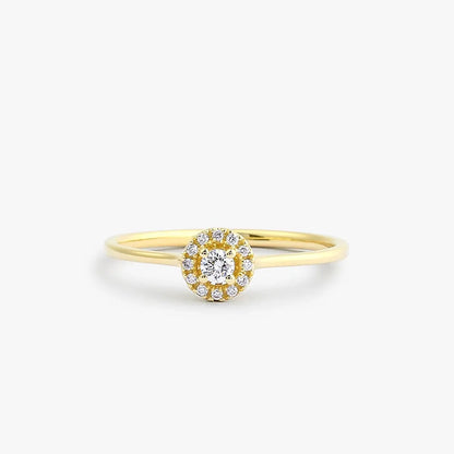 14K Solid Gold 0.12 Ctw Baguette and Round Diamond Micro Pave Halo Ring
