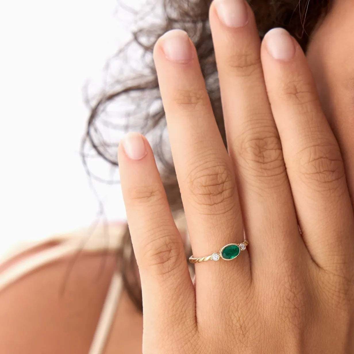 14K Gold Oval Emerald Round Diamond Three Stone Ring 0.57 CTW Custom Jewelry