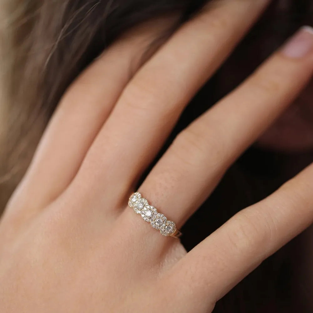 14k Solid Gold Round Cut Diamond Halo Micro Pave Wedding Band 0.52 ctw