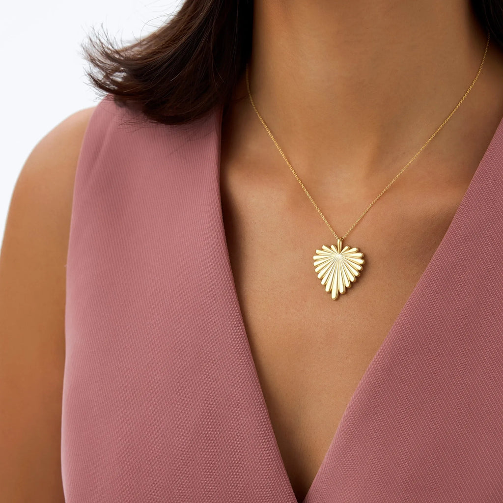 14k Solid Gold Sunburst Heart Pendant Necklace
