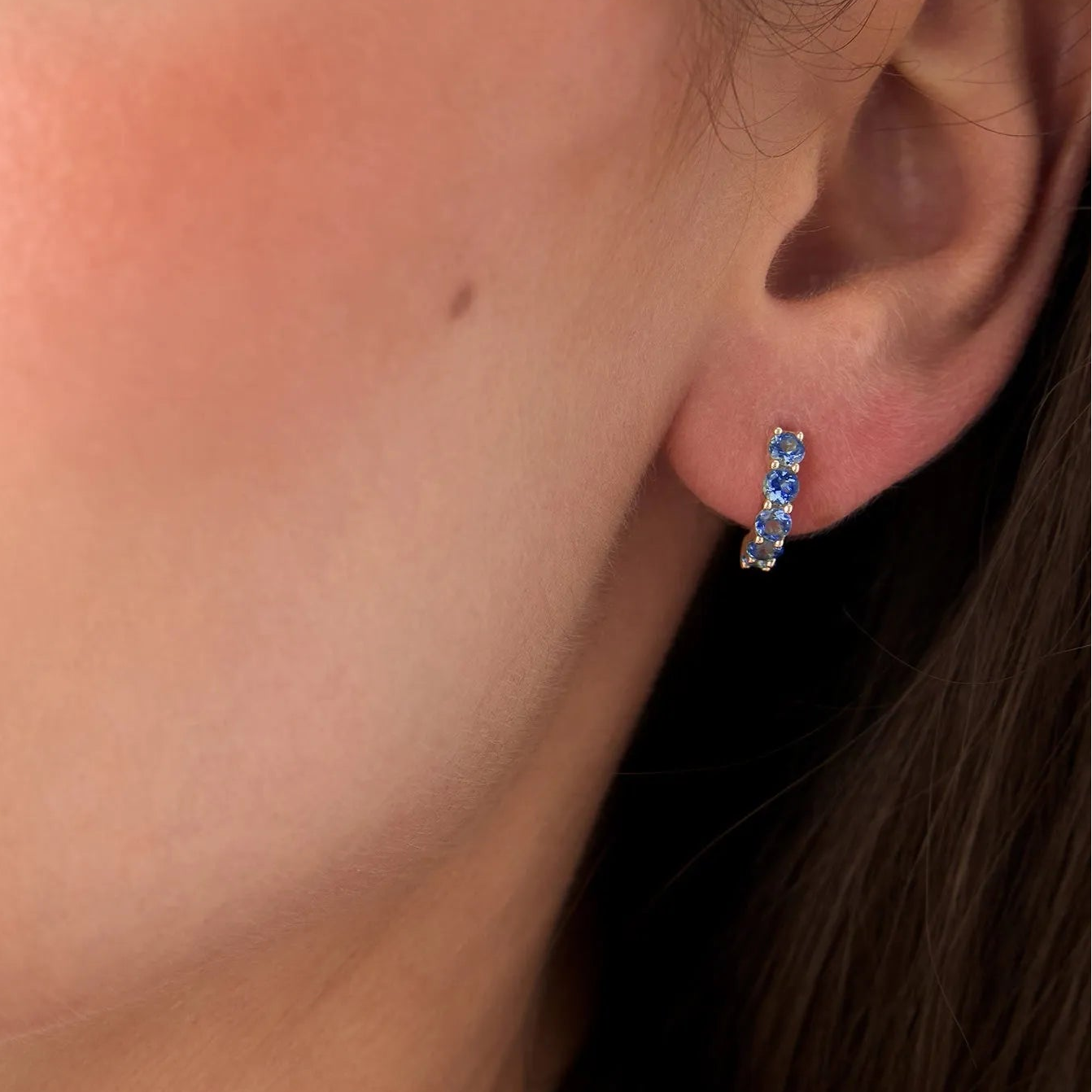 14K Solid Gold Round London Blue Topaz Prong Set Half Hoop Earrings 1.50ctw