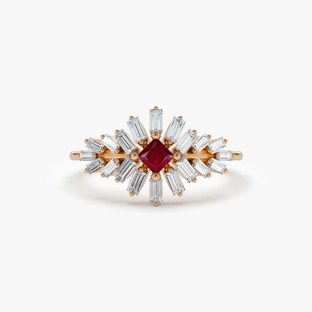 14k Gold Ruby and Diamond Square and Baguette Cut Ring 0.54 ctw