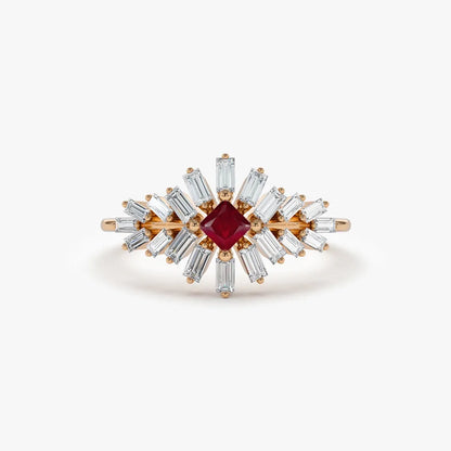 14k Gold Ruby and Diamond Square and Baguette Cut Ring 0.54 ctw