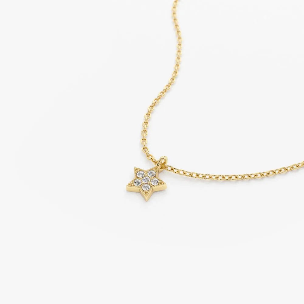 14K Solid Gold Round Diamond Micro Pave Star Charm Celestial Necklace 0.06cttw