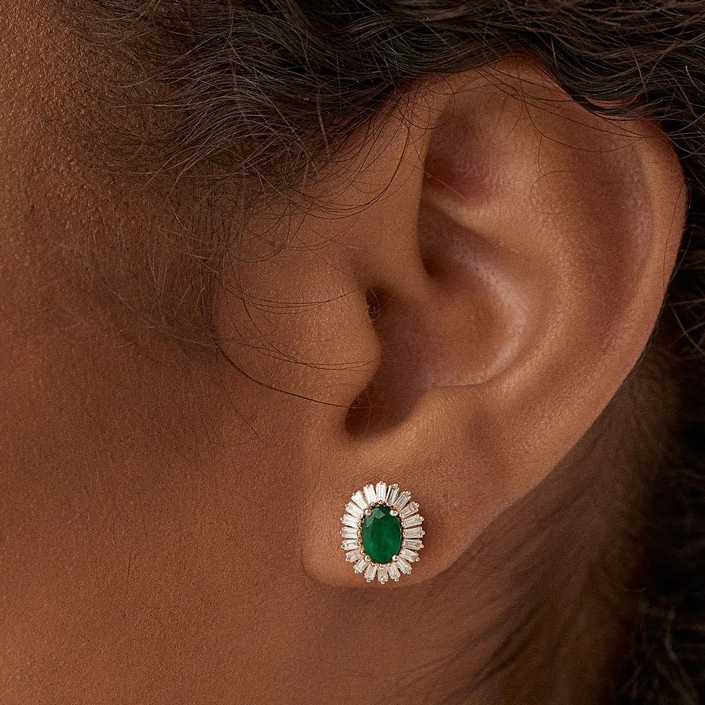14k Solid Gold Oval Emerald and Baguette Diamond Ballerina Stud Earrings 1.30 ctw