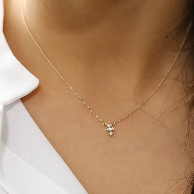 14K Solid Gold Baguette and Round Diamond Necklace Bezel and Channel Setting 0.13ctw