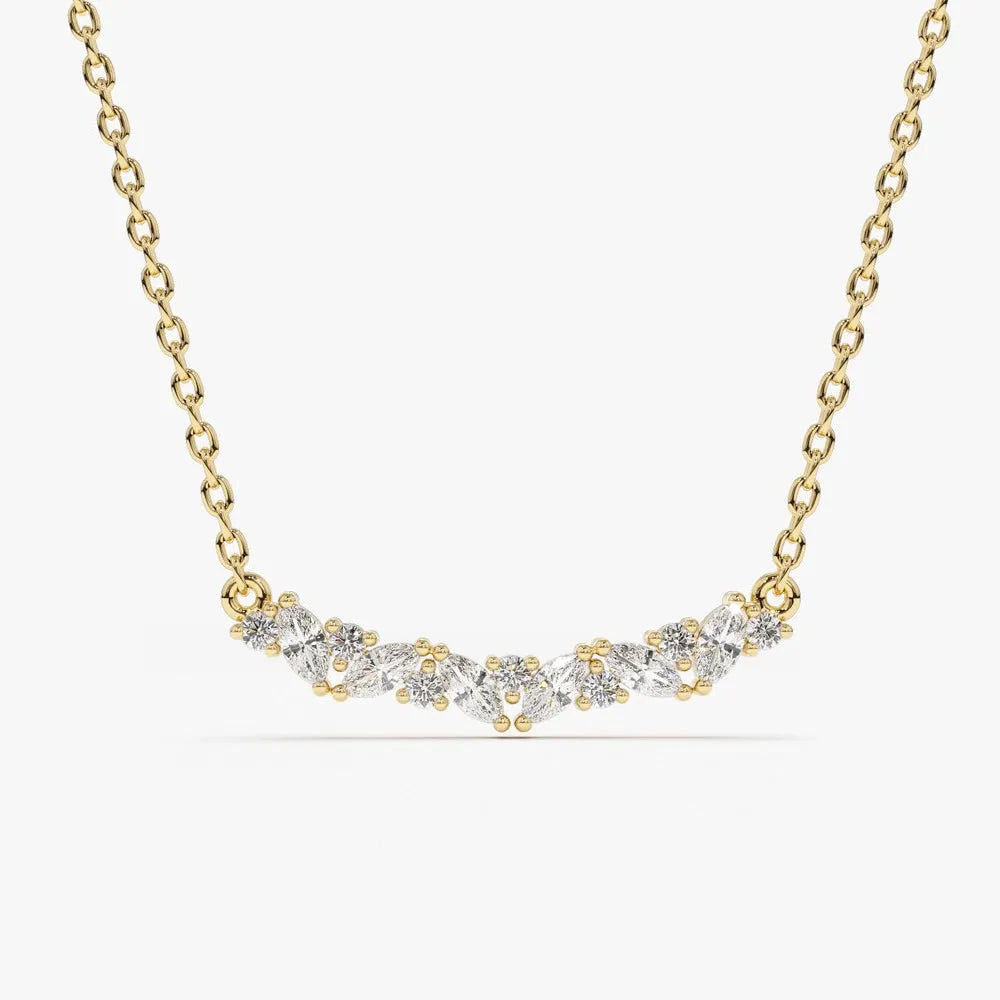 14K Solid Gold Marquise and Round Diamond Slanted Necklace 0.28ctw
