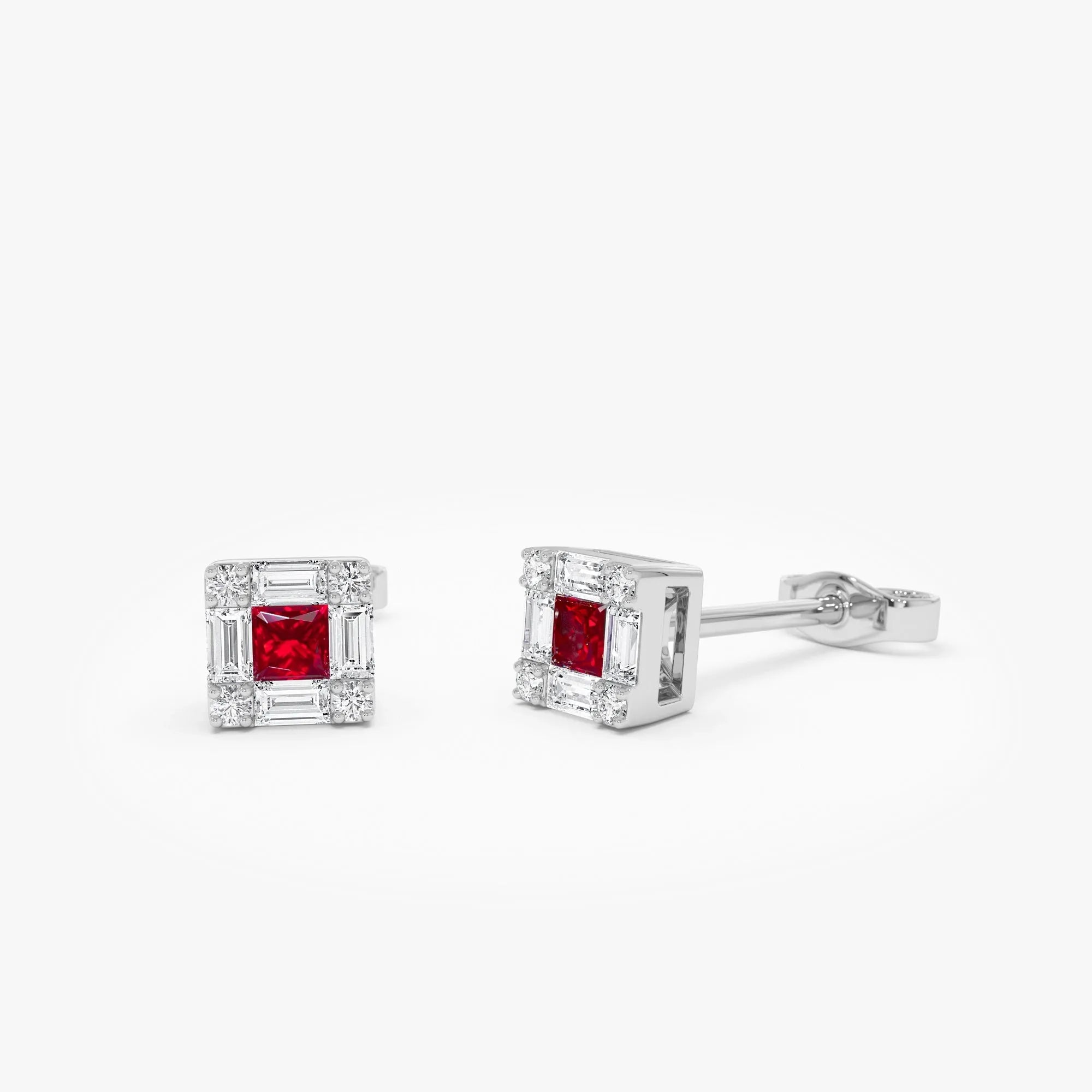 14k Gold Ruby and Diamond Princess Cut Halo Stud Earrings 0.37 ctw