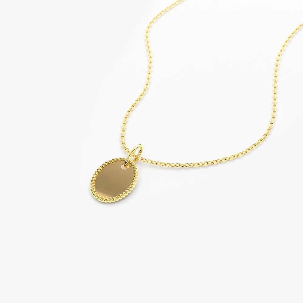 14k Solid Gold Personalized Mini Oval Initial Tag Pendant Necklace with Twist Rope Frame