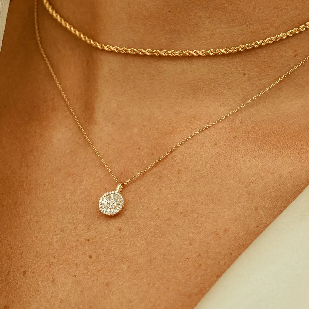 14K Solid Gold Baguette and Round Diamond Disc Cluster Necklace 0.44ctw