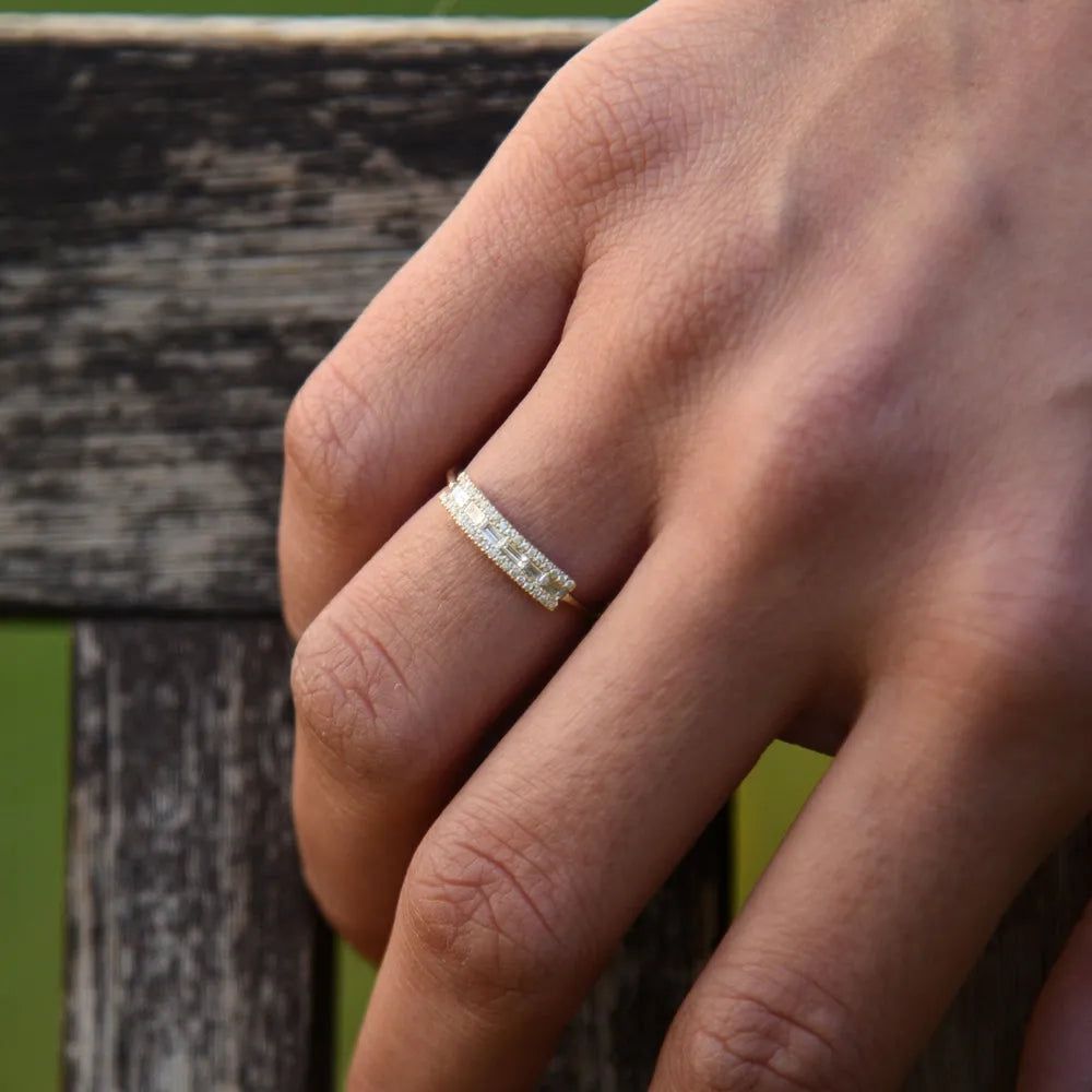 14K Gold Baguette and Round Diamond Horizontal Channel Micro Pave Ring 0.34ctw