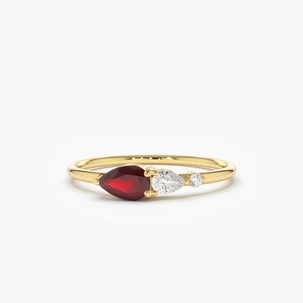 14k Gold Natural Ruby and Diamond Pear Cut Ring Prong Setting 0.40 ctw