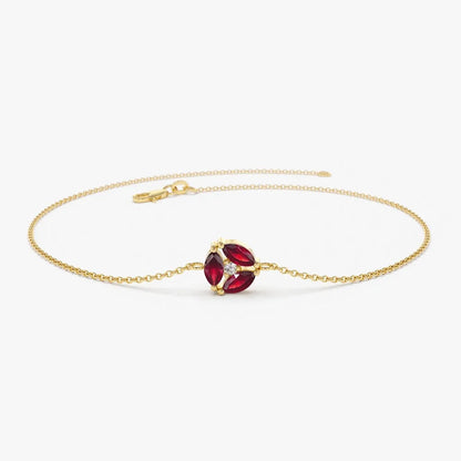 14K Solid Gold 0.30ctw Marquise Ruby and Round Diamond Cluster Bracelet