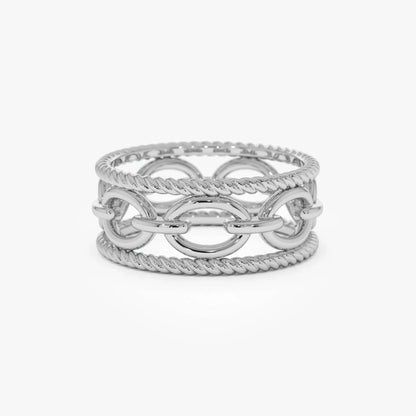14k Solid Gold Rope Chain Link Wide Band Ring