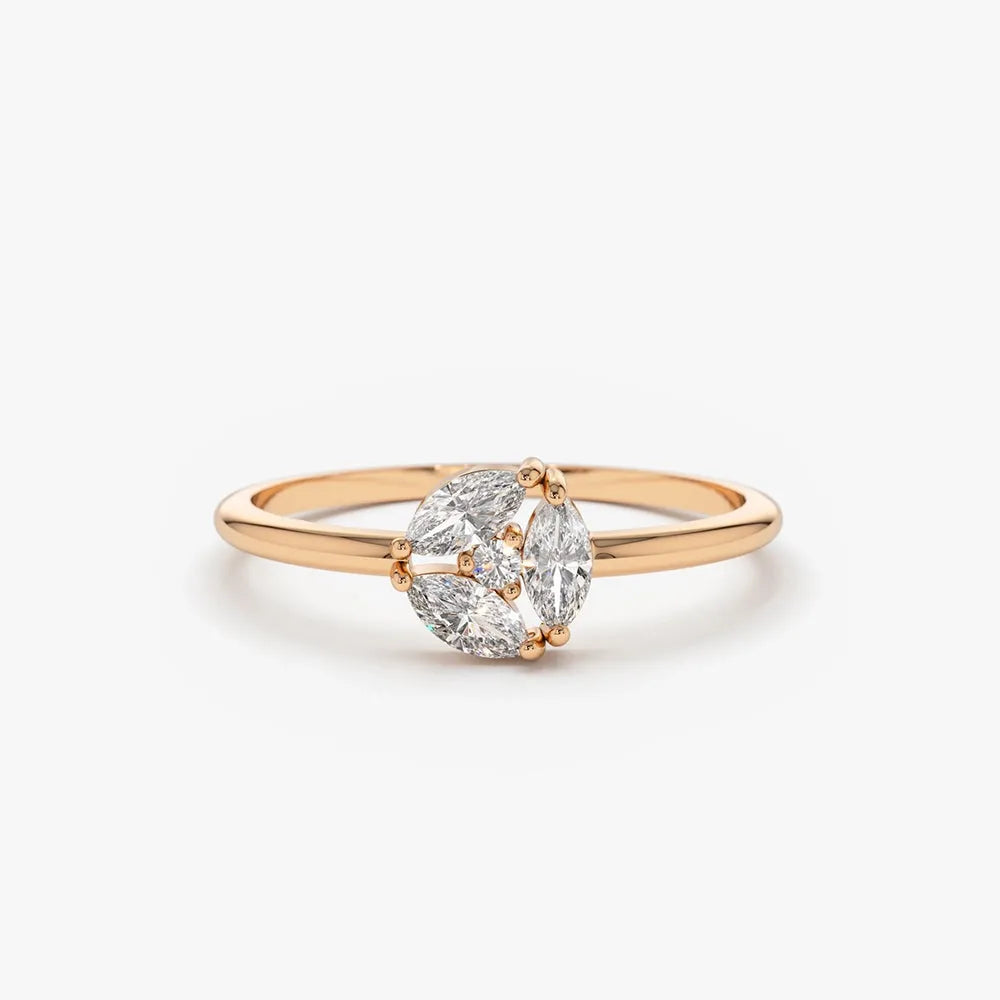 14K Solid Gold Marquise Diamond Cluster Ring 0.16 Carat Total Weight