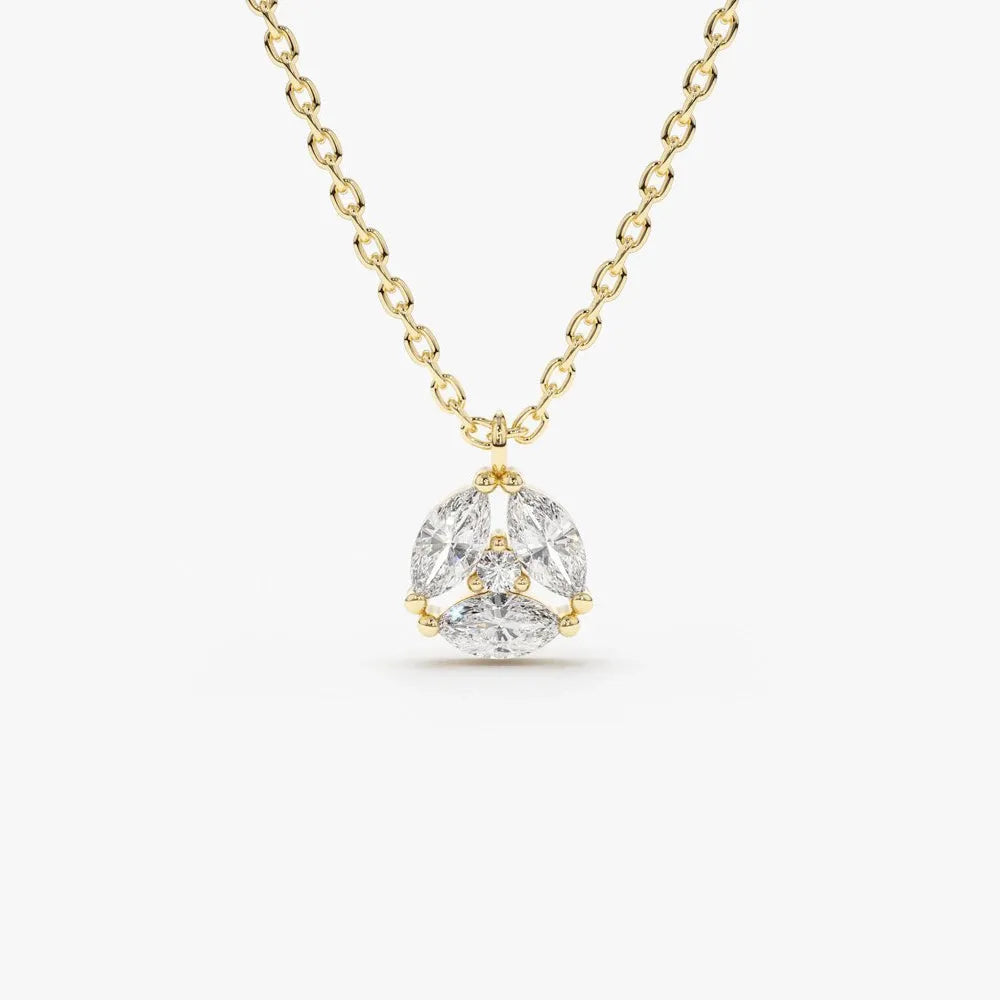 14K Solid Gold Marquise and Round Diamond Cluster Necklace Prong Setting 0.16ctw