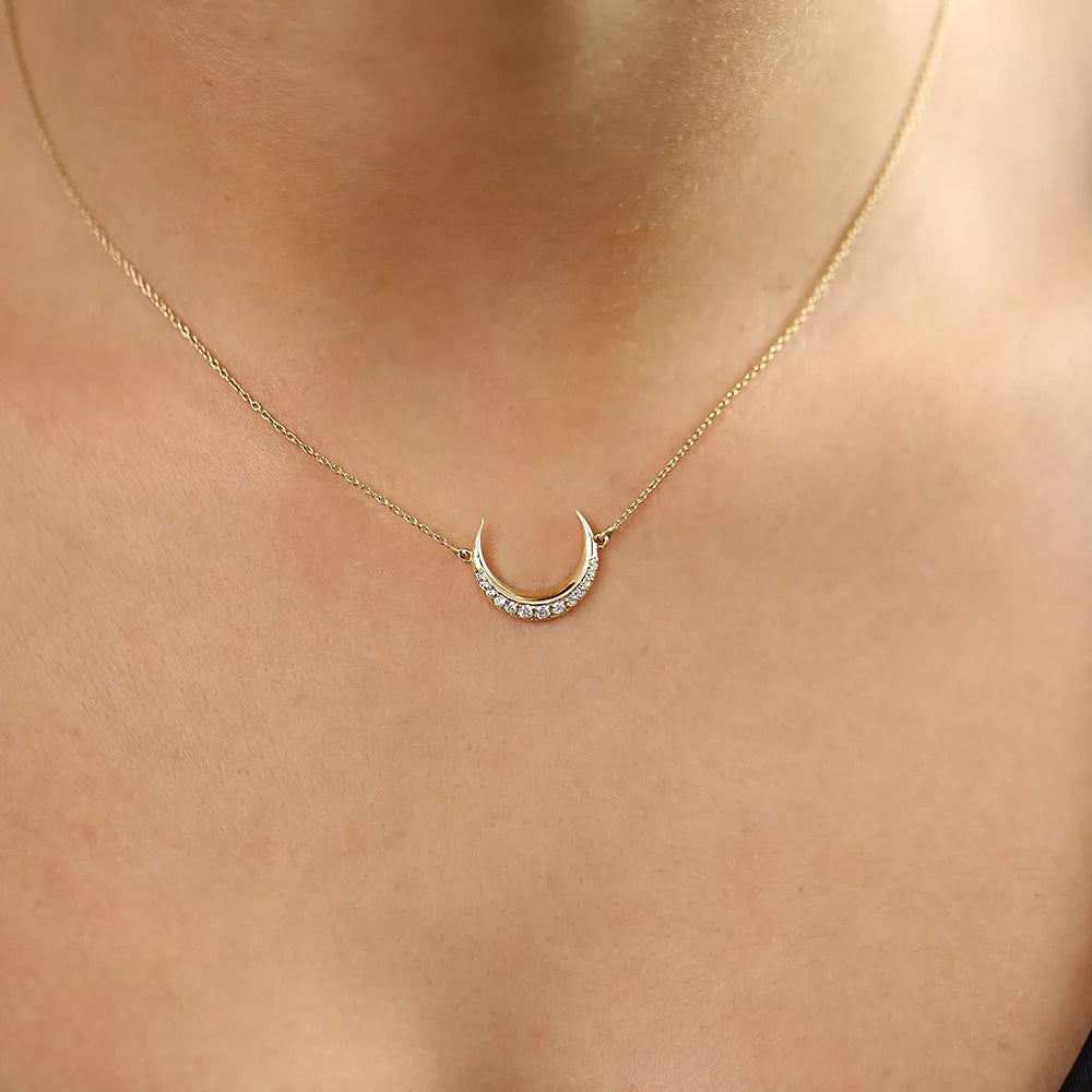 14K Solid Gold Round Diamond Micro Pave Horizontal Crescent Moon Necklace 0.26ctw