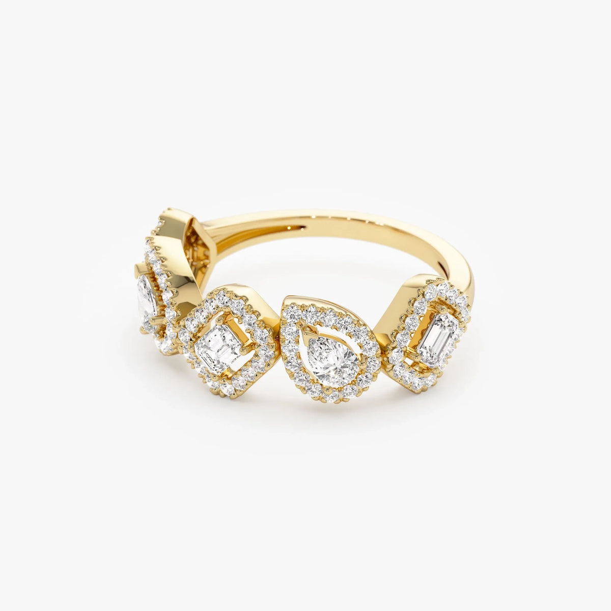 14k Solid Gold Multi Shape Emerald Pear and Round Diamond 0.80 Carat Band Ring