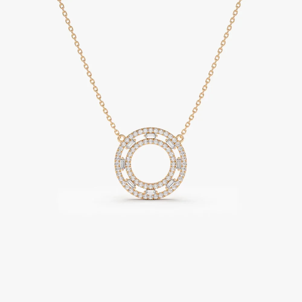 14k Solid Gold Round and Baguette Diamond Full Circle Necklace 0.44 Carat
