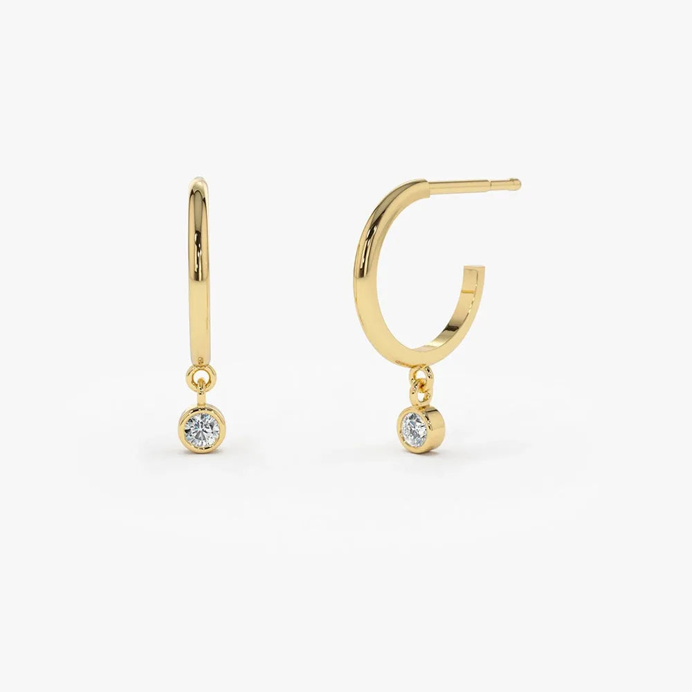 14k Gold Diamond Round Cut Dangling Charm Hoop Earrings Bezel Setting 0.06 ctw