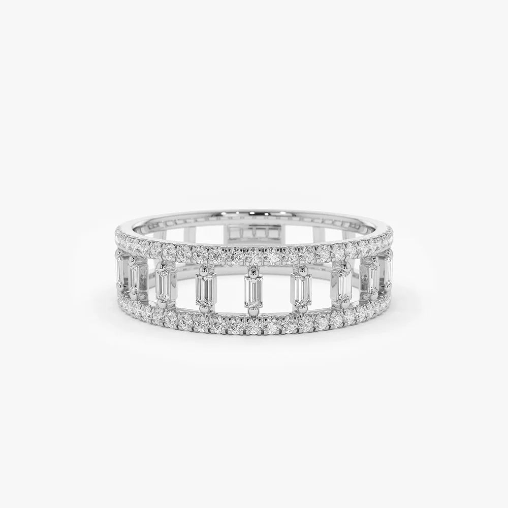 14K Solid Gold 0.40 Carat Baguette and Round Cut Diamond Double Row Micro Pave Ring