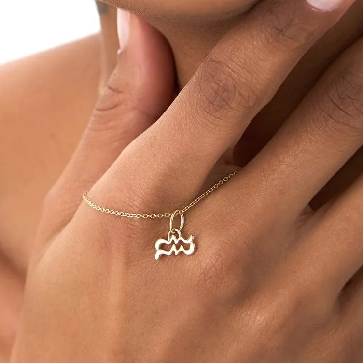 14k Solid Gold Aquarius Zodiac Charm Pendant Necklace