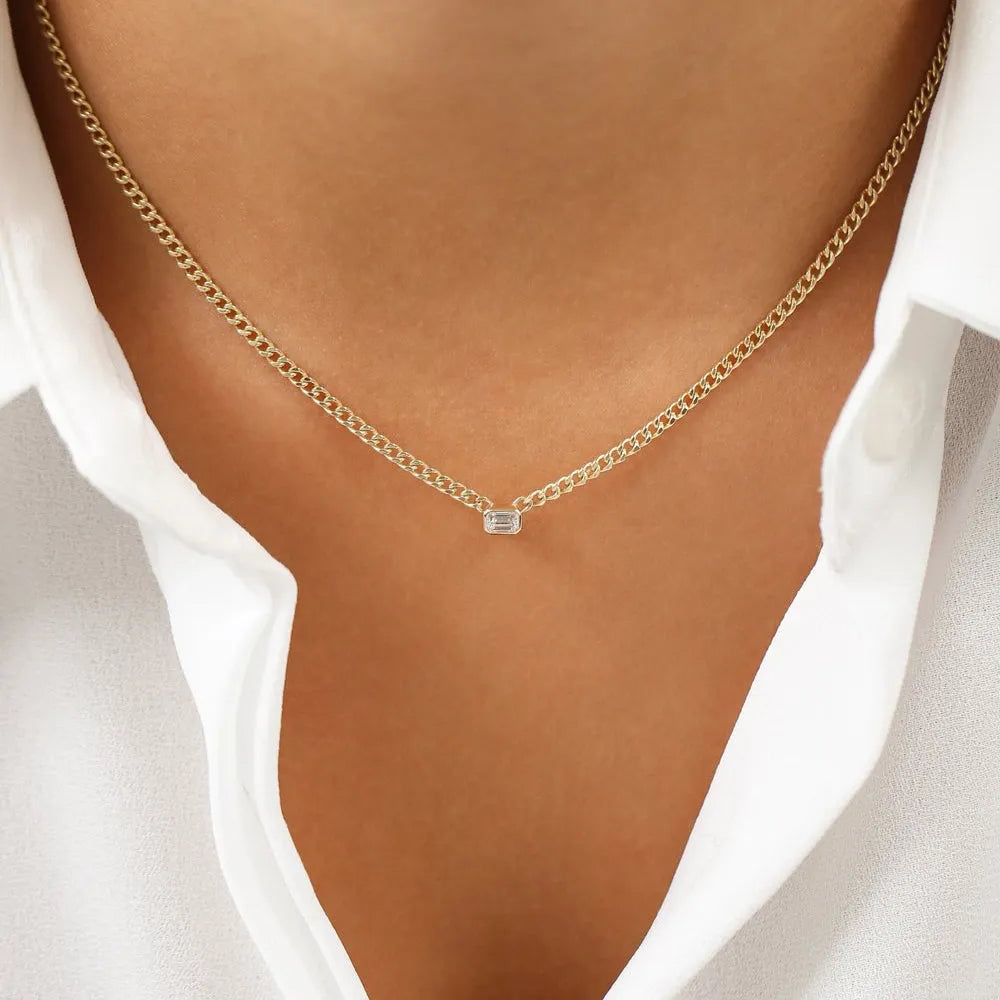 14K Solid Gold Emerald Cut Diamond Cuban Link Necklace Bezel Set 0.23ctw