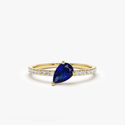 14k Gold Sapphire and Diamond Pear and Round Cut Slanted Pave Ring 0.67 ctw