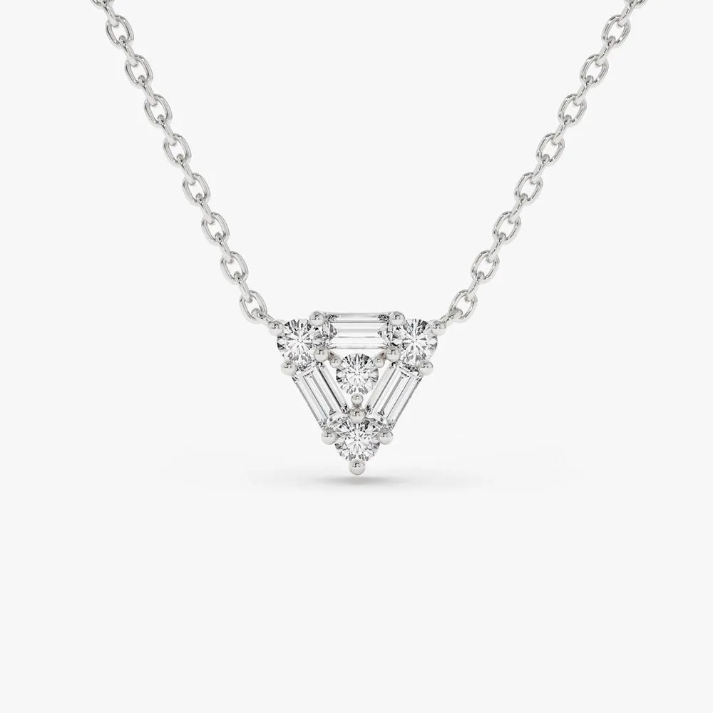 14K Solid Gold Round and Baguette Diamond Triangle Pendant Necklace 0.23ctw