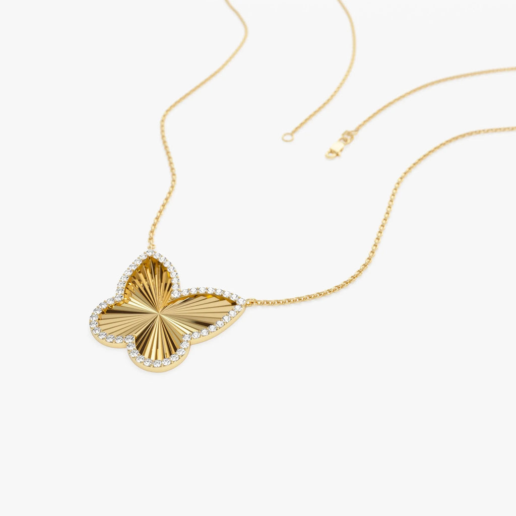14K Solid Gold 0.30 CTW Round Diamond Textured Butterfly Charm Pendant Necklace